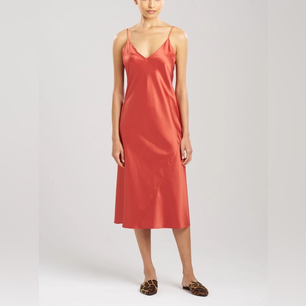 NWT Natori Glamor Satin Slip‎ Dress Rust Spice Midi Nightgown Lingerie Gown XS